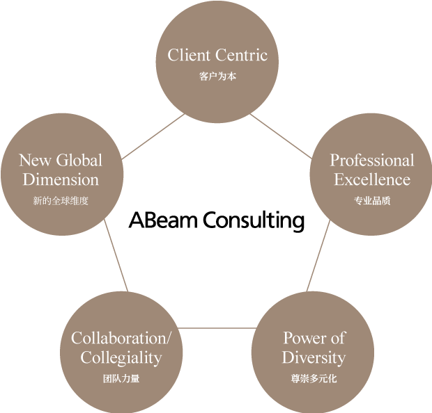 Client Centric / Professional Excellence / Power of Diversity / Collaboration/Collegiality / New Global Dimension / Abeam Consulting